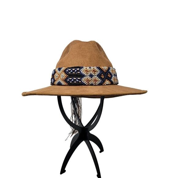 Vintage La Sierra Suede Western Cowboy Hat Camel Brown Aztec Tapestry Band Boho - Picture 1 of 13